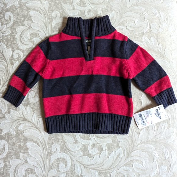 NWT Oshkosh B'gosh Boys Knit Sweater Red Striped 100% Cotton Cardigan 3M… - Picture 2 of 7